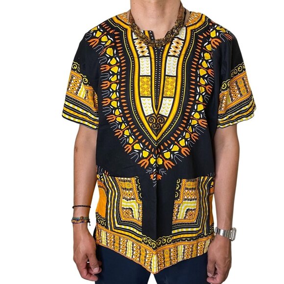 Da'iki Dashiki Shirt Black Yellow Tribal Ethnic Print Unisex Top M/L - Picture 1 of 6